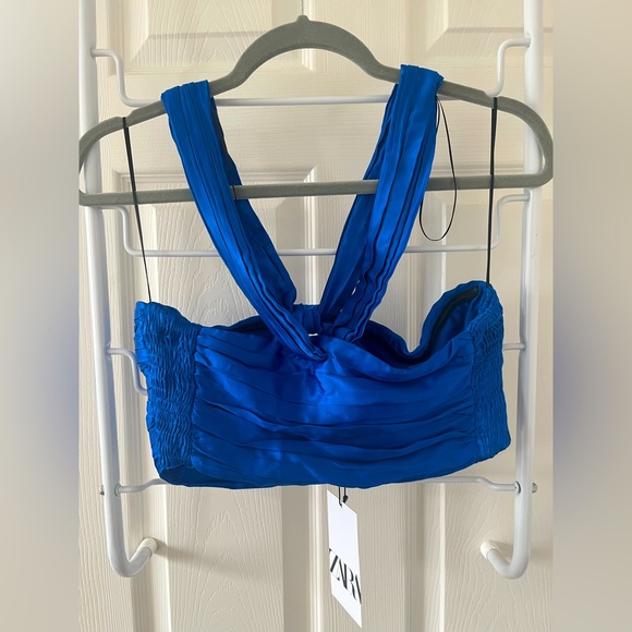 Blue Satin Zara Halter Crop Top w Ribbed Detailing - Picture 4 of 5